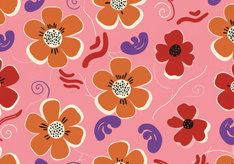 Poster - Floral Pattern with Flowers and Botanical Elements in Pink Background. Seamless floral pattern featuring flowers leaves and abstract shapes in a colorful and playful design