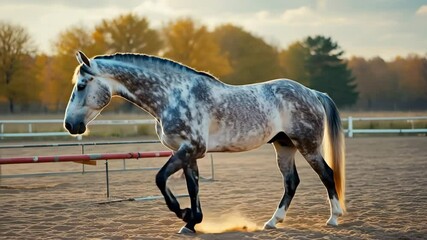 Poster - Smooth pan of a horse fully equipped for riding, standing still in an outdoor arena as wind gently moves its mane and tail, with background elements softly shifting in focus.

