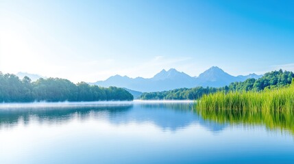  A serene lake with clear blue water reflecting lush green trees and distant mountains, tranquil nature scene with bright blue sky, and peaceful landscape.