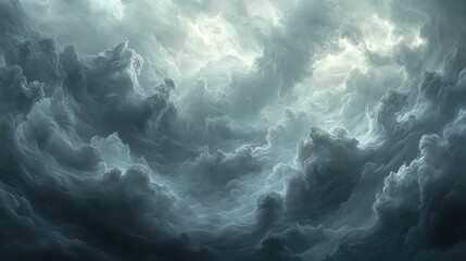 Poster - A dramatic display of swirling, textured clouds, creating a moody and atmospheric sky filled with shades of gray and hints of light.