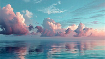 Poster - A dreamy pastel sky with fluffy clouds over a calm ocean horizon