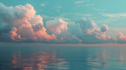 Poster - A dreamy pastel sky with fluffy clouds over a calm ocean horizon