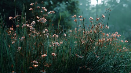 Poster - A close-up of dew-kissed wildflowers in soft morning light