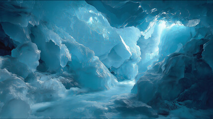 Poster - A close-up of a crystal-clear ice cave with soft blue light filtering through