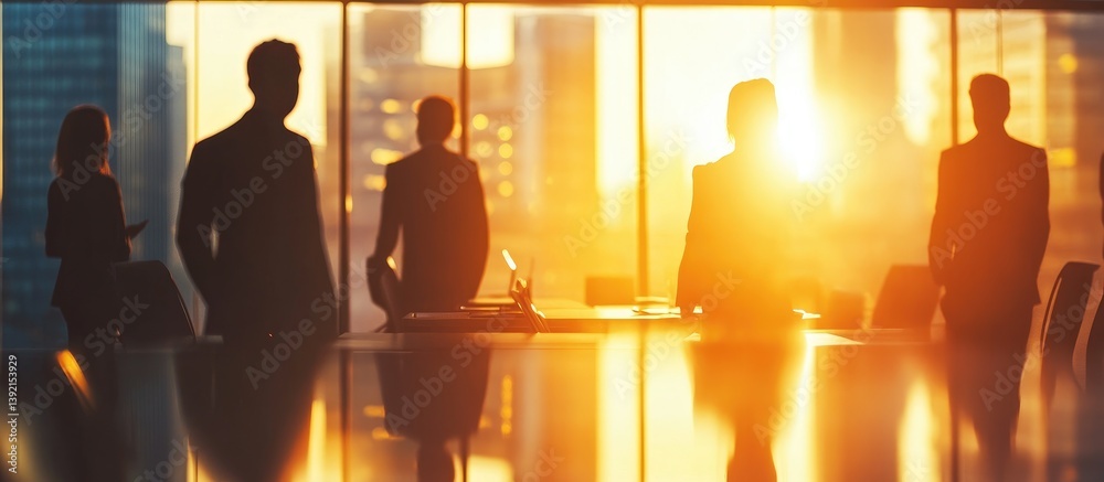 Blurred silhouettes of business people in an office meeting room with ...