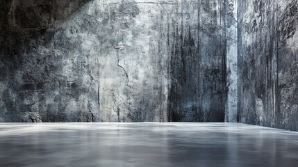 Poster - A stark, gray concrete room with textured walls and a polished floor, creating an industrial and minimalist atmosphere.