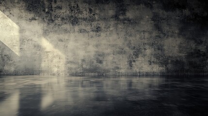 Poster - A dimly lit concrete space with a reflective floor, featuring textured walls that evoke an industrial aesthetic.