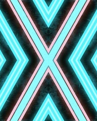 Fototapete - Abstract geometric pattern featuring intersecting neon blue and pink lines on a dark background