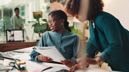 Poster - Cooperation, business people and women in office, documents and feedback for sales report. Employees, conversation and manager in workplace, help and review for proposal, questions and discussion