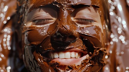 Wall Mural - This image shows a young person with their face covered in chocolate. They are smiling and have their eyes closed.