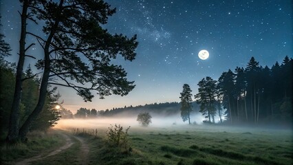 Wall Mural - Ethereal moonlit forest, misty field bathed in starlight, serene nature's embrace.