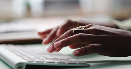 Poster - Person, hands and typing on keyboard for email, spreadsheet and proposal or application for office work. Woman, online and technology with business task for drafting, digital notes and report
