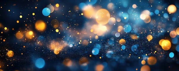 Poster - A vibrant abstract background featuring shimmering blue and gold bokeh lights, creating a dreamy, festive atmosphere.