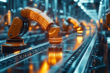Poster - Advanced robotic arm assembly line in a high-tech manufacturing facility during evening hours