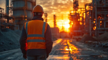 Fototapete - A worker in safety gear stands on a construction site at sunset, observing ongoing mining and extraction activities. The scene emphasizes industrial infrastructure and metal fabrication processes.