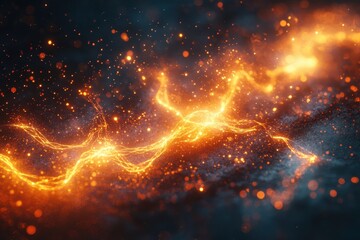 Poster - Dynamic orange and blue glowing particles create an abstract cosmic landscape at twilight