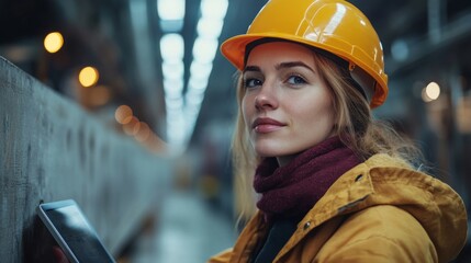 Poster - Worker in hard hat reviews plans on tablet inside advanced construction site, focusing on mining and excavation activities in a well lit industrial environment.