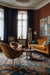 © Linus - A living room with a couch, two chairs, a coffee table, and a potted plant