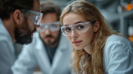 Leinwandbilder - A group of engineers in lab coats engages in a discussion about new techniques in mining and extraction, focusing on improving construction and fabrication processes.
