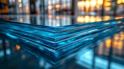 Poster - Stacks of clear blue glass sheets rest on a reflective surface, capturing warm sunset light in a contemporary construction environment focused on fabrication.