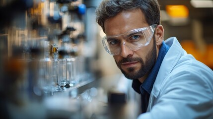 Leinwandbilder - A laboratory technician in a white coat and safety goggles is focused on conducting experiments with various materials used in construction, such as cement and glass.