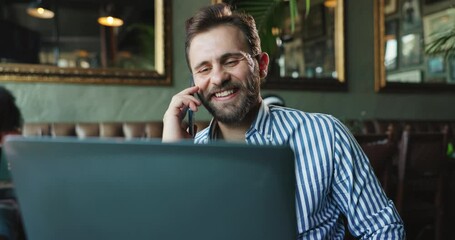 Aufkleber - Phone call, laptop and manager or man in cafe for restaurant inventory, supplier contact and feedback. Communication, coffee shop admin and search with person online for networking and hospitality