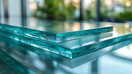 Poster - Transparent glass panels are stacked neatly, demonstrating their smooth surface and reflective qualities. The setting features natural light filtering through greenery.