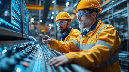 Poster - Two operators oversee machinery controls in a state of the art mining facility, engaged in precise tasks related to excavation and metal processing in a busy industrial environment.