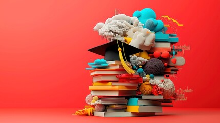Poster - Abstract educational journey depicted in infographic style, featuring books, graduation cap, charts, cloud systems, all illustrated in detailed line art for visual clarity.