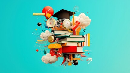 Poster - Infographic of an educational journey featuring books, graduation cap, charts, cloud systems, and line art, illustrating the path from learning to achievement in a creative format.