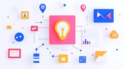 Poster - Connected Concepts, an intricate web of ideas and analytics showcasing icons of entrepreneurship and discovery, symbolizing innovation and exploration in modern business.