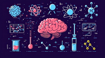 Poster - Digital Brain and Atomic Icons, Abstract Graphs Illustrating Knowledge Transfer and Discovery in a Futuristic Concept Banner Design