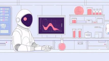Poster - Futuristic science lab showcasing AI, robotics, genetic research, innovative design, intricate line art, advanced technology, creative exploration, modern scientific advancements.