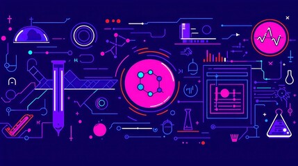 Poster - Scientific Innovation Banner, thin line art design showcasing abstract molecules, intricate data charts, and advanced laboratory settings, emphasizing progress and technological advancements