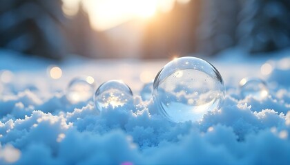 close-up shot of frozen bubbles on a snowy surface, with a bright sun in the background