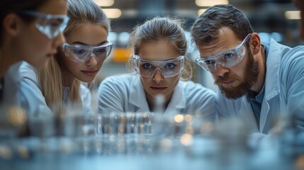 Leinwandbilder - A group of four professionals in laboratory coats and safety goggles examines mineral samples with precision, studying properties relevant to mining and construction industries.