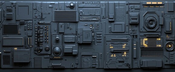 Poster - A detailed close-up of a complex array of electronic components and circuits arranged on a dark surface. showcasing intricate designs and textures for technology-related projects