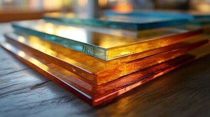 Poster - Layers of vibrant glass sheets rest on a wooden surface, highlighting their translucent beauty. These sheets are essential for building facades and artistic installations.