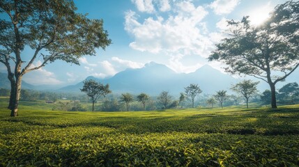 a beautiful scenic vista of a tea plantation in sunlight