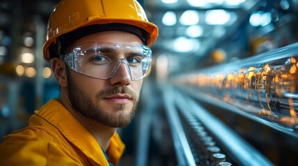 Poster - A skilled worker wearing safety gear is focused on glass fabrication in a bustling industrial facility. The environment highlights elements of extraction and construction during early daylight hours.