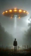 Poster - Surreal composition of a man facing away in a wooded area under a dramatic cloudy sky, with a