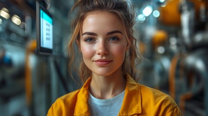 Poster - A young woman wearing a bright safety jacket smiles confidently while working in an industrial facility dedicated to mining, metallurgy, and construction activities.