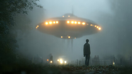 Poster - A man seen from behind standing on fog-covered woodland terrain, bathed in ambient light from an