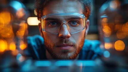 Poster - A worker in protective eyewear concentrates on the metal extraction process in a high tech facility, ensuring safety and precision during these operations.