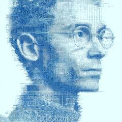 Poster - Expressive ASCII art style portrait showcasing a personâ€™s features outlined in text, with the