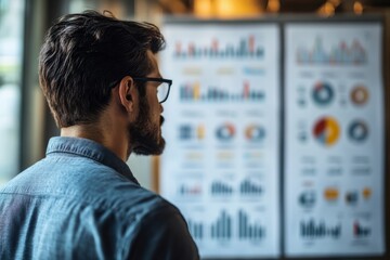 Poster - Man analyzes business charts and graphs in a modern office environment during the afternoon
