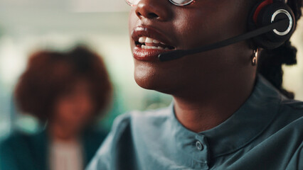 Aufkleber - Call center, headset and mouth of woman in office for assistance, consulting or help. Contact us, customer service and support with virtual assistant closeup in workplace for crm or sales feedback