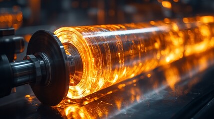 Poster - Hot molten glass flows gracefully as it is processed in an industrial facility. Workers focus on shaping the material for future use in construction and infrastructure projects.