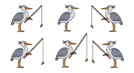 Poster - Heron standing with fishing rod in two frames, flat design vector illustration