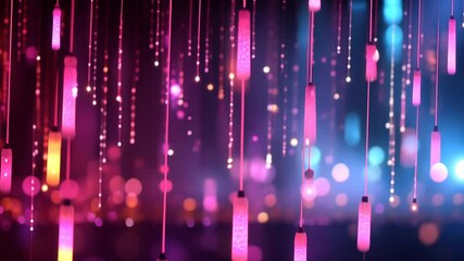 Poster - Abstract festive light strings hanging, illuminating pink and blue background with vibrant bokeh, creating a magical atmosphere
